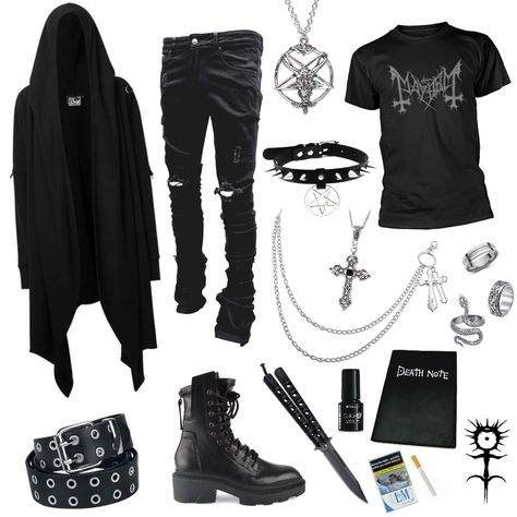 Goth designer clothes Gothic Outfits Men Aesthetic, Gothic Outfit Ideas Men, Men Goth Aesthetic, Satanic Outfits Men, Goth Looks Outfits Men, Mens Casual Goth Outfits, Goth Casual Outfits Men, Goth Swimwear Men, Metalhead Aesthetic Outfit Men