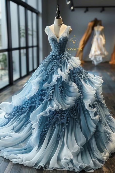 Water Wedding Dress, Princess Dress Ball Gowns, Water Goddess Dress, Ocean Inspired Dress, Mystical Dresses, Ocean Dresses, Sea Inspired Fashion, Ocean Dress, Sea Clothes