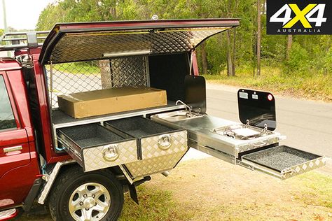 Canopy storage set-up with sink Ute Camping, Custom Ute Trays, Car Camping Organization, Ute Canopy, Ute Trays, Cruiser Car, Camping Canopy, Slide In Camper, Camping Box