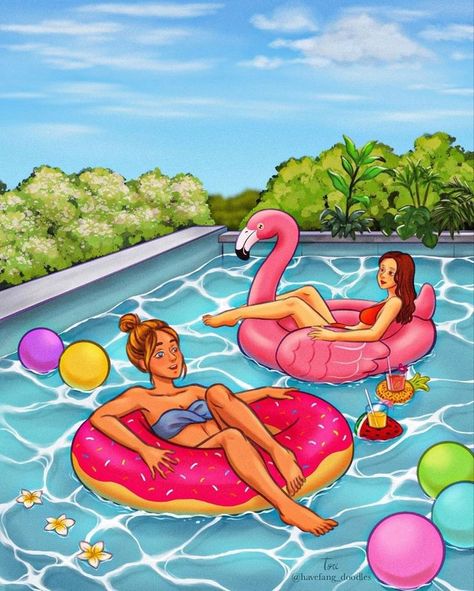 Floaters Pool, Swimming Pool Drawing, Cute Pool Floats, Pool Drawing, Summer Illustrations, Swimming Pool Art, Flamingo Pool Float, Relaxing Pool, Summer Magic