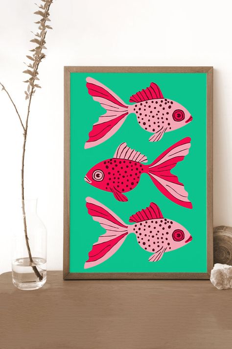 Limited edition, hand-designed bold graphic three goldfish print created in our London studio. Our beautiful bold graphic three goldfish print features a green base colour and is adorned with cute abstract goldfish illustrations. Like everything in the Harper & Blake store, this hand-drawn creation is made to bring a little joy to your life. With designs you can’t find anywhere else, our made-to-order art prints designs are lovingly crafted in-house and printed sustainably in the UK. ------- Goldfish Illustration, Pet Goldfish, Goldfish Art, Poster Green, Unframed Art Prints, Art Print Poster, Limited Edition Art Print, Surface Textures, Hand Designs