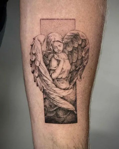 Small Angel Tattoo Men Arm, Resting Angel Tattoo, Guardian Angel Tattoo Women, Gardian Angel Tattoo For Men, Faceless Angel Tattoo, Protective Angel Tattoo, Angel Tatoos Aesthetic Men, Big Angel Tattoo, Guardian Angels Tattoo