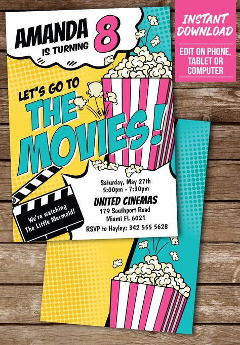 An editable movie birthday invitation for a girl, featuring a vibrant comic style design with a big box of popcorn that's popping all over this invite! Movie Birthday Party Invitations, Movie Party Invitations, Movie Popcorn, Movie Birthday Party, Popcorn Party, Movie Birthday, 10th Birthday Parties, Girl Movies, Movie Party