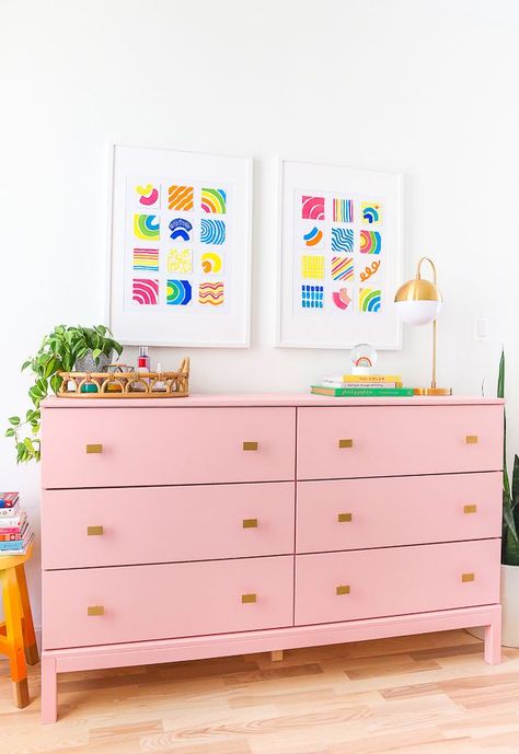 DIY Ikea Dresser Makeover Diy Ikea Dresser Makeover, Diy Ikea Dresser, Ikea Dresser Makeover, Ikea Tarva Dresser, Ikea Tarva, Shelf Makeover, Painting Ikea Furniture, Pink Dresser, Colorful Dresser