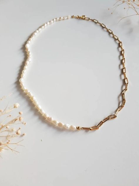 Half Pearl Half Chain Necklace Gold Link Adjustable Paperclip - Etsy Half Beaded Half Chain Necklace, Half Chain Half Bead Necklace, Modern Pearl Jewelry Necklace, Half Pearl Half Chain Necklace, Half Pearl Necklace, Half Chain Necklace, Modern Pearl Jewelry, Small Pearl Necklace, Paper Clip Chain Necklace