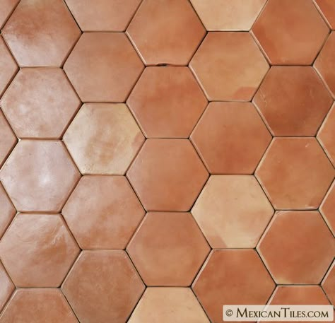 Mexican Tile - 11¾ x 11¾ Sealed Hexagon Super Saltillo Floor Tile - Rounded Edges Terra Cotta Floor Tile, Saltillo Floor, Terracotta Tile Floor, Saltillo Tile Floor, Floor Tile Ideas, Orange Floor, Hexagon Tile Floor, Tile Floor Living Room, Saltillo Tile