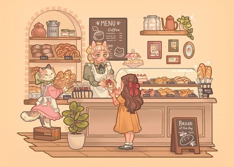 Here’s this month’s Cozy Bakery print! 🧁✨ I can almost smell the fresh croissants and I’m seriously missing my European bakeries now. 🥲♥️ • You can get this print (and other goodies!) by being a member or joining my Patre•n this September. 🥰 Swipe to get a closer look and to see the back design! A full reveal of all goodies will come once I have the bookmark designs ready as well. 😌 • • • #cozy #bakery #cute #digitalart #illustration #pastelcolors #pastries #bakerylover #catgirl #kitty #cuteart Bakery Drawing, Pastry Illustration, Fresh Croissants, Baking Illustration, Bakery Illustration, Bakery Background, Bakery Window, Cozy Bakery, Bakery Art