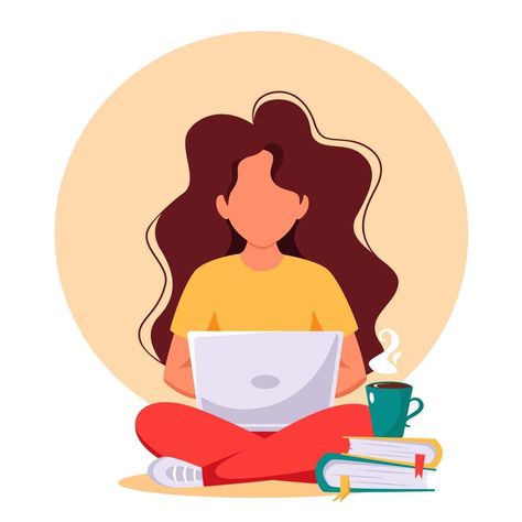 Woman working on laptop. Freelance, remote working, online studying, work from home. Vector illustration. Woman Working On Laptop, Home Vector, Working On Laptop, Remote Working, Working Online, Flat Illustration, Flat Design, Work From Home, Adobe Illustrator