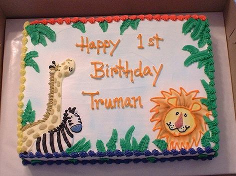 Cute jungle animal sheet cake by katyskakes, via Flickr Wild One Sheet Cake, Animal Sheet Cake, Jungle 1st Birthday, Birthday Sheet Cake, Safari Baby Shower Cake, Jungle Theme Cakes, Giraffe Cakes, Sheet Cake Designs, Smash Cakes