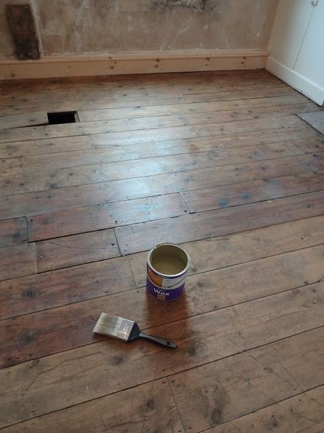 Restoring Floorboards without Hiring a Professional Floor Sander - Kezzabeth | DIY & Renovation Blog Floorboard Stain Colours, Wooden Floor Restoration, How To Sand Wooden Floors, Painted Floorboards Bedroom, Painted Wooden Floors Colour, Wooden Floorboards Living Room, Floor Boards Bedroom, Floor Boards Ideas Colour, Floorboard Ideas