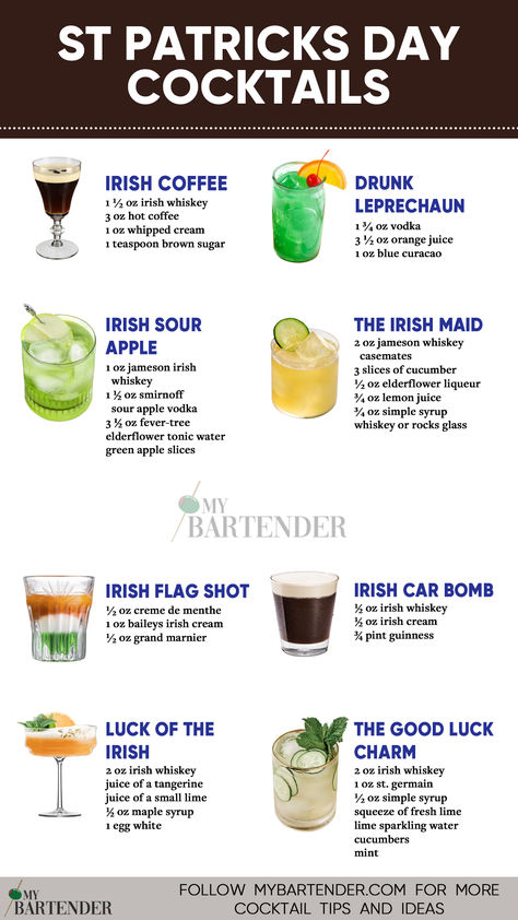 St. Patrick’s Day Cocktails St Patty Drinks, St Patricks Cocktails, St Patty's Day Drinks, St Patricks Food, Irish Cocktails, Green Cocktails, Sant Patrick, Bartender Drinks Recipes, St Patricks Day Drinks