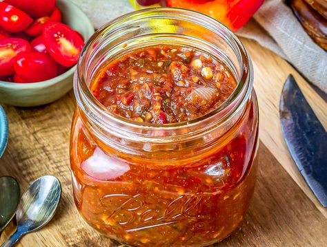 Spicy Calabrian Chili Tomato Jam Calabrian Chili Sauce, Calabrian Chili Paste Recipes, Calabrian Chili Recipes, Calabrian Recipes, Spicy Tomato Jam, Chili Ideas, Calabrian Peppers, Chili Paste Recipe, Calabrian Chili Paste