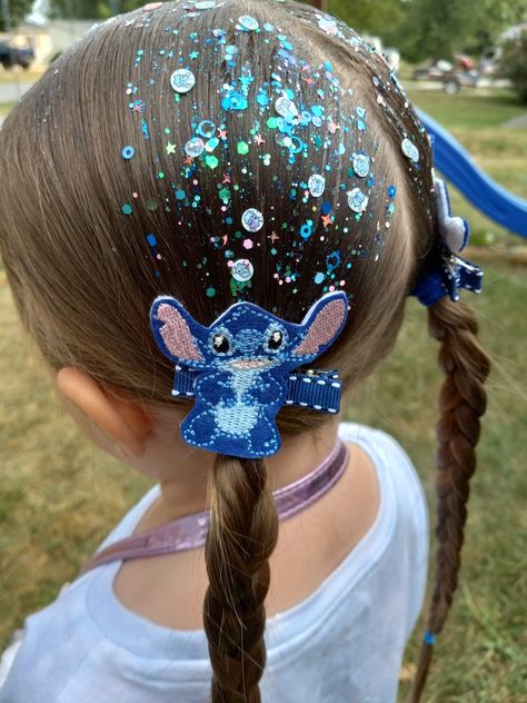 Easy low braided pig tails. Elvated with Ohana glitter gel and stitch charcter feltie clips Stitch Hairstyles Disney, Lilo And Stitch Hairstyles, Stitch Hairstyles, Braided Pigtails, My Hair Styles, Pig Tails, Stitch Braids, Pigtail Braids, Crazy Hair Days