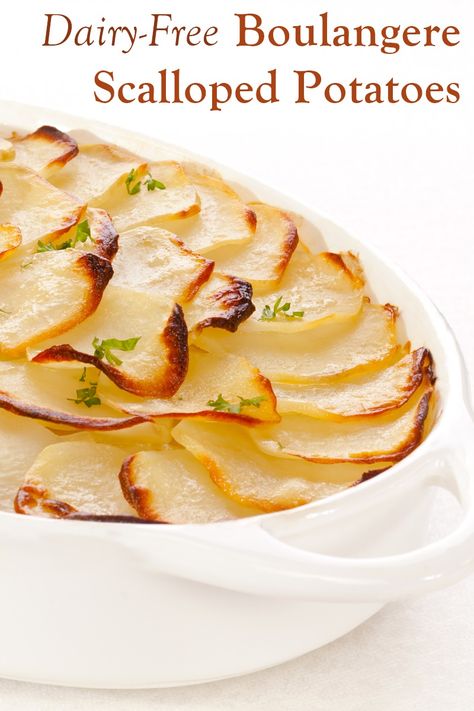 Dairy-Free Scalloped Potatoes Boulangère Recipe - No Butter and No Cheese! Vegan, gluten-free, and healthier than traditional scalloped potatoes or gratins. Potato Anna, Potatoes Anna, French Potatoes, Classic French Dishes, French Recipes, French Dishes, Scalloped Potatoes, French Cooking, Potato Dishes