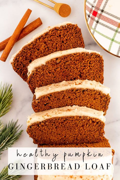 Pumpkin gingerbread loaf is moist, fluffy, and spiced just right with molasses, cozy spices and cream cheese frosting! Healthy and delicious, this loaf is dairy free and can be made gluten free as well! #pumpkin #gingerbread #pumpkinspice #dairyfree #healthypumpkinbread #ginger #onceuponapumpkin Ginger Bread Loaf, Gingerbread Loaf Recipe, Gingerbread Loaf, Pumpkin Gingerbread, Healthy Pumpkin Bread, Pumpkin Loaf, Pumpkin Pie Mix, Recipes Christmas, Pumpkin Bread Recipe