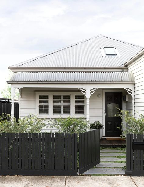 Open Living Space, Black Fence, Front Fence, Cottage Exterior, Victorian Cottage, Open Space Living, House Paint Exterior, Australian Homes, Brick Fireplace