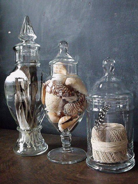 Fill apothecary jars with feathers, shells, rope, rocks, etc for a year round look. Small Apothecary Jars, Shells In Glass Jars Display, Display Feathers, Apothecary Jar Ideas, Apothecary Jars Decor, Apothecary Decor, Jar Fillers, Decorative Glass Jars, Vintage Apothecary