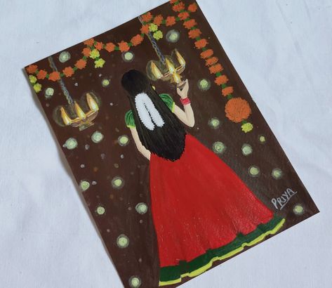 Diwali Fabric Painting, Diwali Girl Drawing, Easy Diwali Drawing, Girl Rangoli Designs, Drawing On Diwali, Diwali Painting Canvas, Deepavali Drawing, Diwali Drawing Painting, Diwali Art Painting