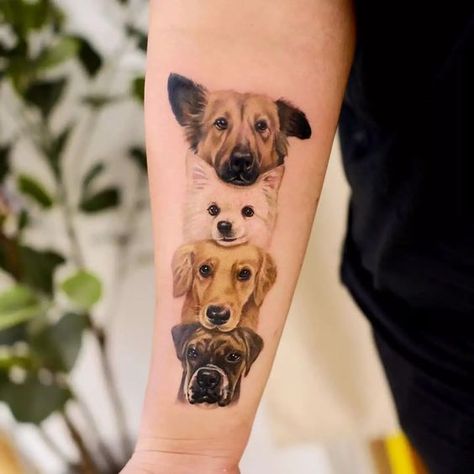 Mom And Dog Tattoo, Forearm Dog Tattoo Women, Multi Dog Tattoo, 3 Dog Tattoo Ideas, Dog Tattoo On Arm, Best Dog Tattoos, Multi Pet Tattoo, Multiple Dogs Tattoo, Multiple Dog Tattoo Ideas