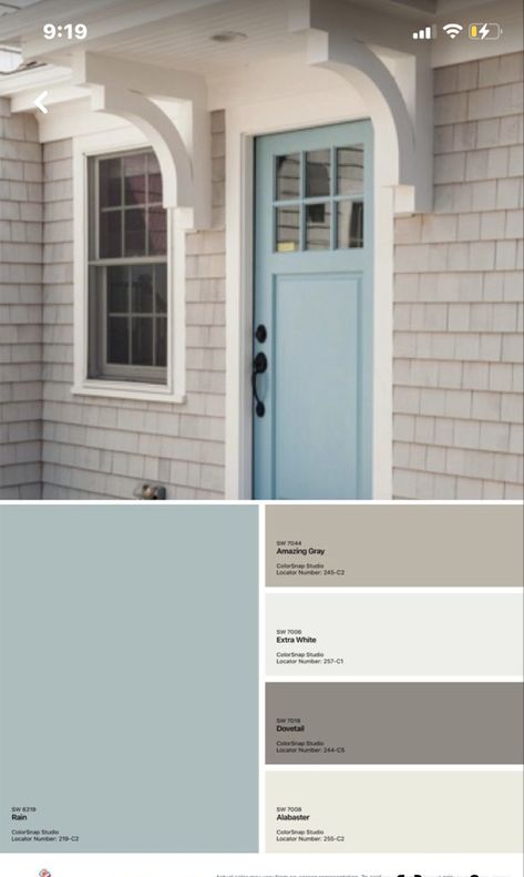 Exterior Color Palette Modern, Blue Exterior Paint, Light Blue Shutters, Light Blue House, Maine House Exterior, Sherwin Williams Exterior Paint Schemes, Coastal Exterior House Colors, Exterior House Options, Cape House Exterior