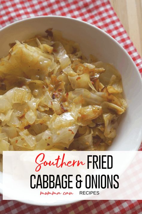 Southern Fried cabbage and onions is a simple side dish that is a must have in your dinner recipe box. Make this recipe vegan using olive oil and no bacon! The red pepper flakes give it an extra zip and make the dish extra pretty. Grab this recipe and make it tonight for supper! Fried Cabbage With Peppers And Onions, Fried Cabbage And Onions Recipes, How To Fry Cabbage Recipes, Cabbage Potato Onion Recipes, Cabbage Onion Recipe, Fried Cabbage And Onions, How Do You Cook Cabbage, Cabbage And Onion Recipes, Cabbage And Onions Sauteed