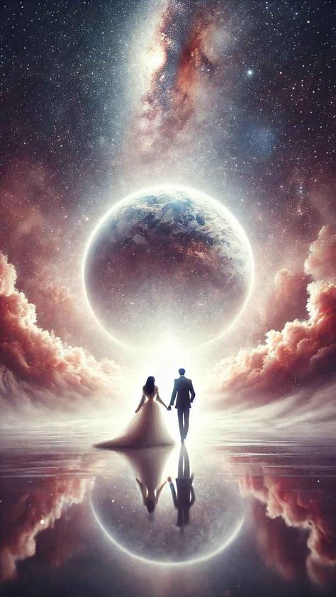 A passionate display of the Divine Masculine embracing the Divine Feminine, expressing an ethereal couple aesthetic. Walking together towards their dreams beneath a cosmic wedding of stars, symbolizing eternal love and celestial romance. Ethereal Couple, Fantasy Couple Romantic, Cosmic Wedding, Aesthetic Walking, Romantic Picture, Walking Together, Picture Love, Divine Masculine, Couple Romantic