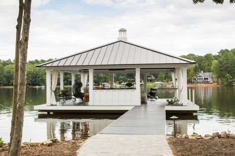 Lake Gaston Waterfront Retreat | Heather Garrett Interior Design | HGTV Floating Lounge, Dock House, Lake Houses Exterior, Lake Dock, Lakefront Living, Lakeside Living, Lakefront Property, Lake Living, Lakefront Homes