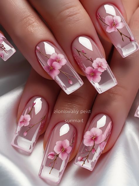 For those who love a futuristic twist on classic designs, these glass-effect nails are a must-try. The transparent acrylic base gives an illusion of floating flowers, creating a mesmerizing and luxurious look. The sakura details, paired with a prism-like structure, make this manicure an absolute showstopper. Hottest Nail Trends, Nails 2025, Soft Watercolor, Nail Designs Ideas, Floating Flowers, Spring Nail Designs, Glass Nails, Gel Nail Design, Hot Nails