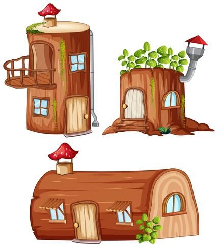 Set of enchanted wooden house Wooden House Illustration, Wooden Illustration, Illustration House, Fairytale House, House Cartoon, Fairy Village, Gingerbread House Decorations, Portrait Cartoon, Watercolor Tree