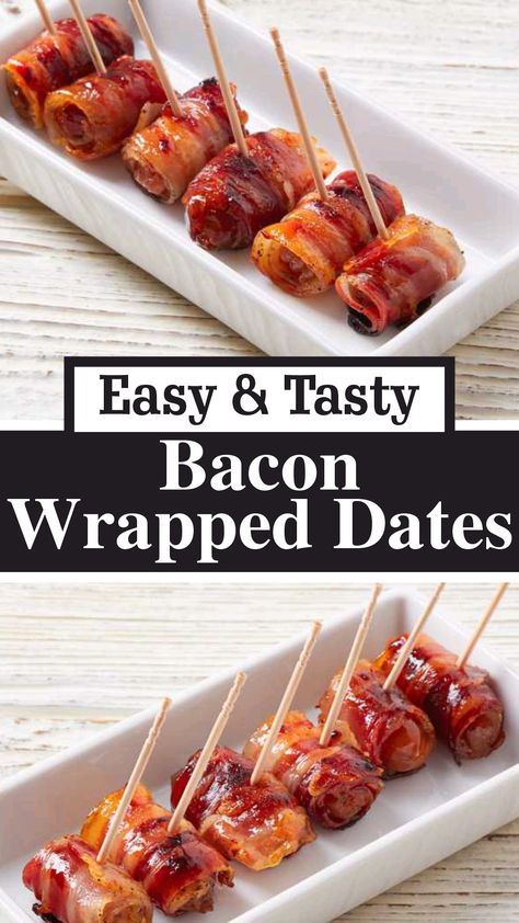 Sweet dates wrapped in crispy bacon create a delightful balance of flavors and textures. These bite-sized treats are perfect for appetizers or party snacks. Bacon Wrapped Dates With Almonds, Date Appetizer Recipes, Date Appetizers, Cocktail Recipes Party, Bacon Wrapped Appetizers, Wrapped Dates, No Egg Desserts, Bacon Wrapped Jalapenos, Bacon Wrapped Dates