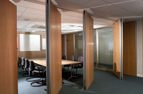 Folding Sliding wall sub dividing a meeting room Moveable Partition, Room Dividing, Moveable Wall, Folding Partition, Sliding Room Dividers, Movable Walls, Sliding Folding Doors, Sliding Wall, Office Meeting Room