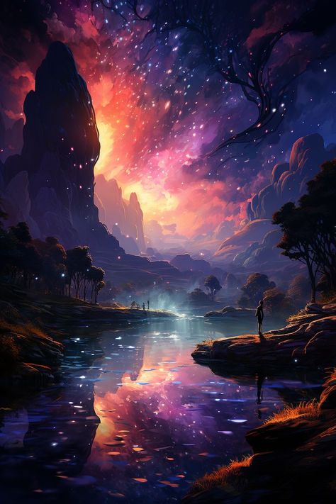 This stunning fantasy landscape art features a majestic starlight into a tranquil pool. The image is full of magical details, from the glowing stars to the lush vegetation. It's the perfect background for your Pinterest boards or to use as a wallpaper. This image would be a great fit for boards on fantasy art, nature, or wallpaper. You could also use it to promote your own artwork or to inspire others to create their own fantasy landscapes. Ethereal Waterfall, Fantasy Landscape Art, Mystic Backgrounds, Art Ethereal, Landscape Digital Art, Art Niche, Pool Art, Cupid And Psyche, Dc Comics Heroes