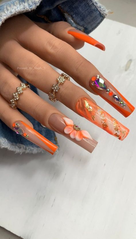 99 New ideas Spring Nail 2024 | Beach Nails Art 2024 | Spring Nail Design Summer Natural Nails 2024, Orange Nails 3d Flowers, 2024 Nail Summer Trends, Bronco Nails Design, Coffin Style Nails Summer, Pastel Marble Nail Art, Orange Stilleto Nails Long, Orangy Red Nails, Glam Acrylic Nails Bling