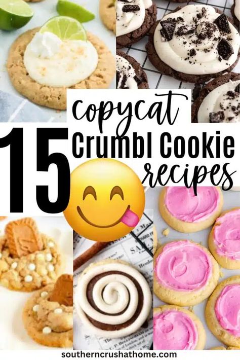 15 of the Most Delicious Copycat Crumbl Cookie Recipes to Try https://www.southerncrushathome.com/copycat-crumbl-cookie-recipes/ Crumbl Cookie Copycat Lemon Blueberry, Copycat Crumbl French Toast Cookie, Crumble Wedding Cake Cookie, Crumble Oatmeal Cookie, Crumble Cowboy Cookie Copycat Recipe, How To Make Crumbl Cookies Recipes, Crumbl Cookie Copycat French Toast, Crumbl Biscoff Cookie Recipe, Wedding Cookie Recipes Easy