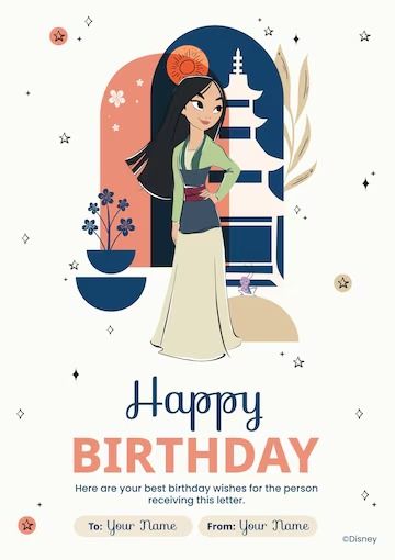 Mulan Happy Birthday Card | Premium Disney template Mulan 2, Summer Party Invitations, Best Birthday Wishes, Happy Birthday Card, Card Banner, Poster Invitation, Cartoon Clip Art, Bring Happiness, Mulan