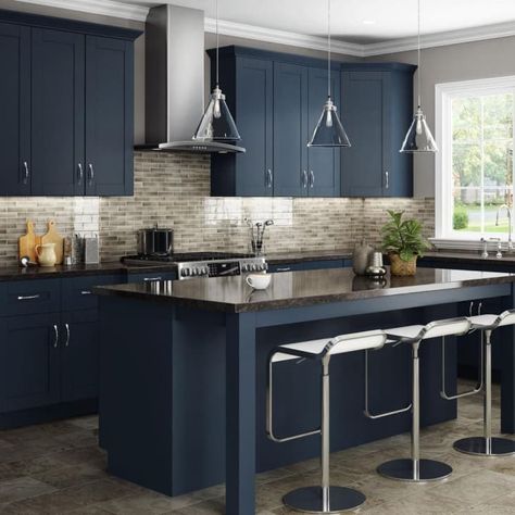 Blue Pearl Granite Kitchen, Blue Shaker Kitchen Cabinets, Blue Shaker Cabinets, Blue Shaker Kitchen, Adu Kitchen, Blue Pearl Granite, Navy Blue Kitchen Cabinets, Blue Kitchen Walls, Navy Cabinets