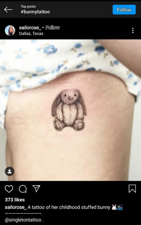 Toy Bunny Tattoo, Bunny Teddy Tattoo, Stuffed Rabbit Tattoo, Jelly Cat Tattoo, Bunny Stuffed Animal Tattoo, Jellycat Tattoo, Childhood Stuffed Animal Tattoo, Stuffed Bunny Tattoo, Stuffed Animal Tattoo