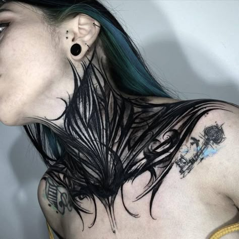 Occult Neck Tattoo, Goth Throat Tattoo, Dark Throat Tattoo, Gothic Neck Tattoos Women, Female Throat Tattoo Ideas, Throat Tattoos Women, Full Back Tattoos For Men, Neck Tattoo Cover Up, Chest Neck Tattoo