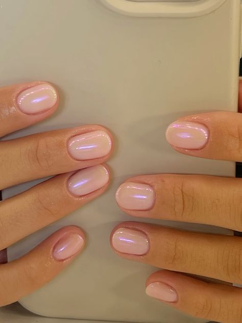 soft pink builder gel overlay on natural nails with pink aurora chrome Natural Nails With Overlay, Natural Nails With Chrome, Builder Gel Nails Short, Chrome Overlay Nails, Pink Chrome Nails Short Round, Aurora Nails Pink, Gel Builder Nails Short, Builder Gel Short Nails, Minimalist Pink Nails