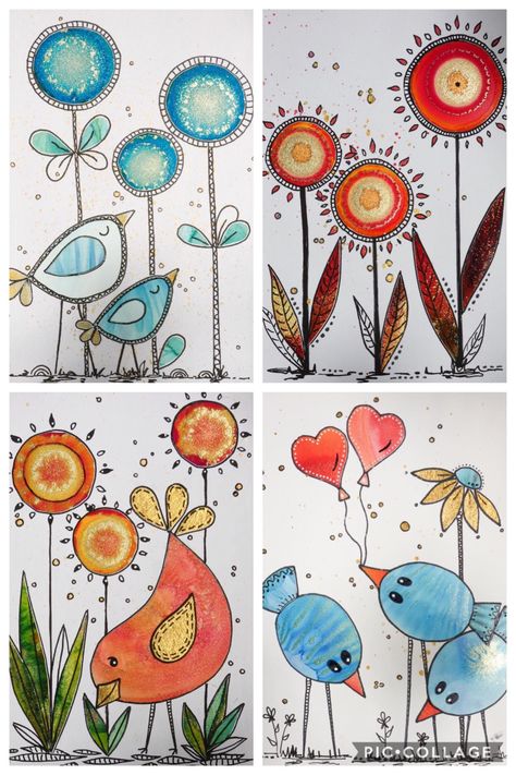 Cute Painted Flowers Simple, Sketchbook Art Inspiration Easy Flowers, Easy Whimsical Drawings, Whimsy Art Ideas, Watercolour For Kids, Whimsical Flower Doodles, Zentangle Art Flowers, Painted Doodles, Card Art Ideas