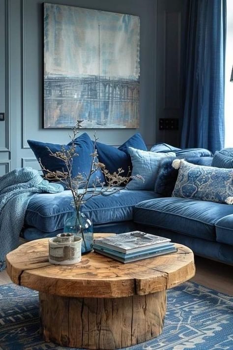 Blue Boho Living Room, Bohemian Elements, Hallway Designs, Boho Interiors, Blue Home Decor, Blue Living Room, Blue Interior, Boho Interior, Boho Living Room