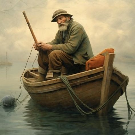 Old Fisherman Illustration, Fisherman Art, Fisherman Outfit, Old Man With Beard, Small Wooden Stool, Man Fishing, Old Fisherman, Boat Pose, Fishing Photography