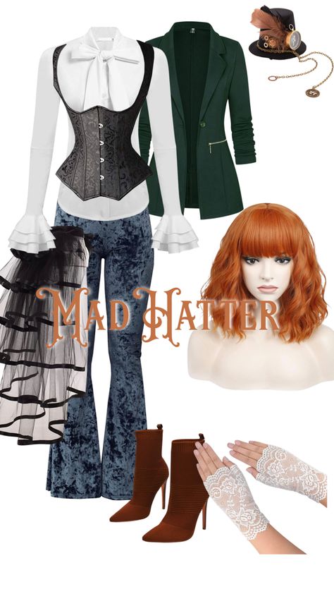 We’re all mad here! Mad Hatter Inspired Dress, Mad Hatter Theme Outfit, Female Mad Hatter Costume Diy, Mad Hatter Outfit Ideas Casual, Alice In Wonderland Inspired Outfits Casual, Mad Hatter Outfit Ideas For Women, Mad Tea Party Outfit, Alice In Wonderland Outfit Ideas Modern, Mad Hatter Aesthetic Outfit