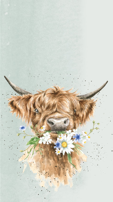 'Daisy Coo' Highland Cow Phone Wallpaper by Wrendale Designs Aesthetic Highland Cow, Highland Cow Cute Wallpaper, Cow Posters Aesthetic, Aesthetic Highland Cow Wallpaper, Highland Cow Aesthetic Wallpaper, Highland Cow Phone Wallpaper, Fall Highland Cow Wallpaper, Highland Cow Background Wallpapers, Cartoon Cow Wallpaper