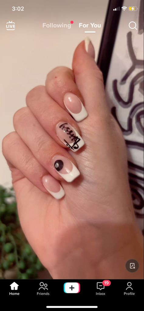 stussy nails 8ball nails eight ball 8ball Acrylic Nails, 8 Ball Nails French Tip, 8 Ball Acrylic Nails, 8 Ball Nail Design, Eightball Nails, Nails 8 Ball, 8 Ball Nail Art, Stussy Nails, Skater Nails