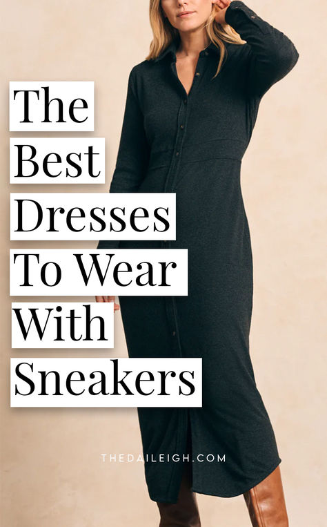 The best dresses to wear with sneakers Winter Dresses With Sneakers, Knit Dress And Sneakers Outfit, Sweater Dress With Sneakers, Dress With Sneakers Winter, Sneakers To Wear With Dresses, Dressy Outfits With Sneakers, Nb Sneakers, Dresses With Tennis Shoes, Mom Wardrobe Essentials