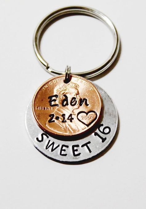 Sweet 16 Presents, Penny Keychain, Sweet 16 Birthday Gifts, Wedding Ides, Sweet 16 Gifts, Sweet 16 Birthday Party, Birthday Gifts For Teens, Presents For Girls, Keychain Personalized