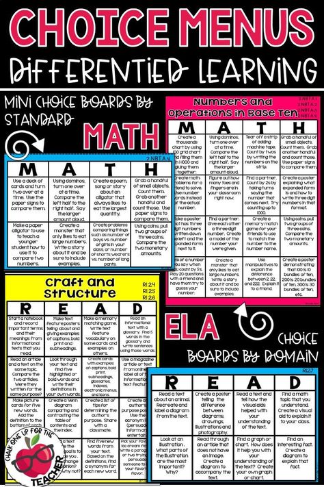 These choice menus or choice boards are perfect for differentiating learner, engaging your early finishers, or providing additional activities for your high fliers. These choice menus cover all of the essential ELA and math CCSS. Additionally, there are boards for science, social studies, and health topics. Homework Menu, Accelerated Learning, Math Choice Boards, Writing Homework, Homework Activities, High School Social Studies, Choice Board, 6th Grade Science, Health Topics