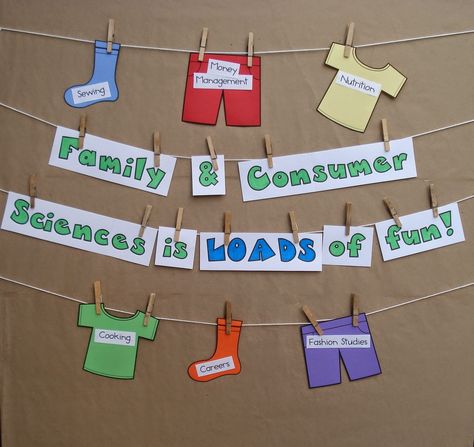 Ideas for FACS teachers: Family & Consumer Sciences is LOADS of fun! Home Economics Classroom, Family Consumer Science, Fcs Classroom, Science Bulletin Boards, Science Classroom Decorations, Family And Consumer Science, Classroom Bulletin Boards, School Bulletin Boards, Home Economics