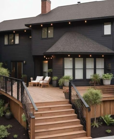 Modern Deck Colors, Deck Colors For Black House, Deck Stain Colors Ideas Two Tone, Deck Stain Colors Ideas, Deck And Patio Combo, 2023 House Exterior, Two Tone Deck, Garage Curb Appeal, Deck Stain Ideas